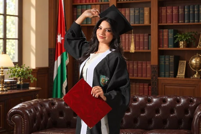 Graduate in a black gown holding a red diploma folder