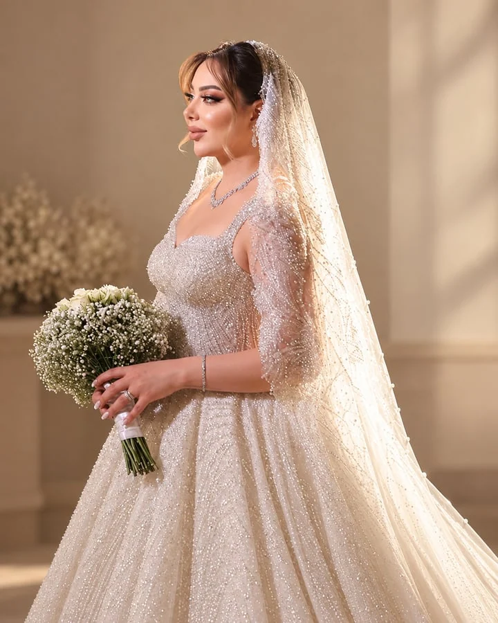 Bride in a beaded gown holding a bouquet, photographed in warm architectural surroundings