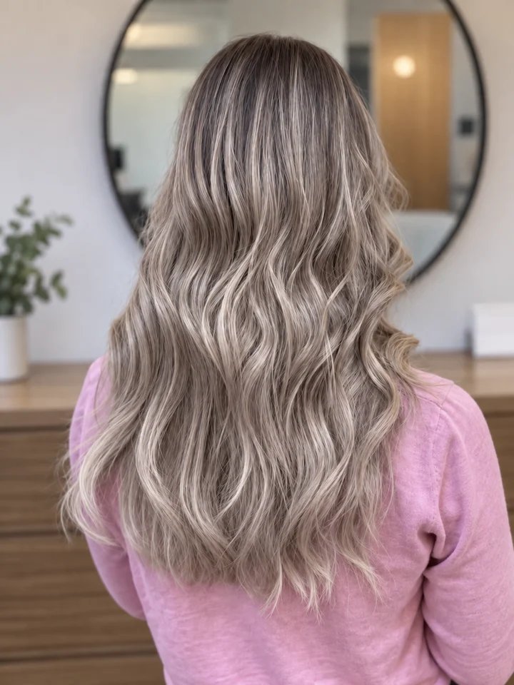 Blonde waves with a dark root blend at Dina Beauty Center