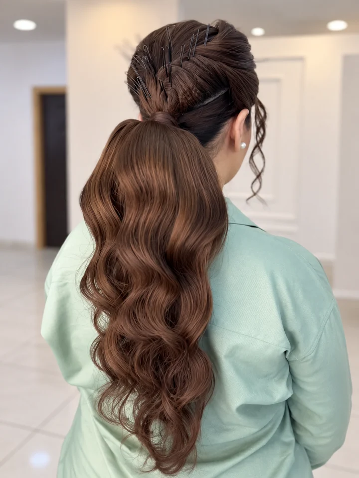 Sculpted chestnut ponytail with flowing waves