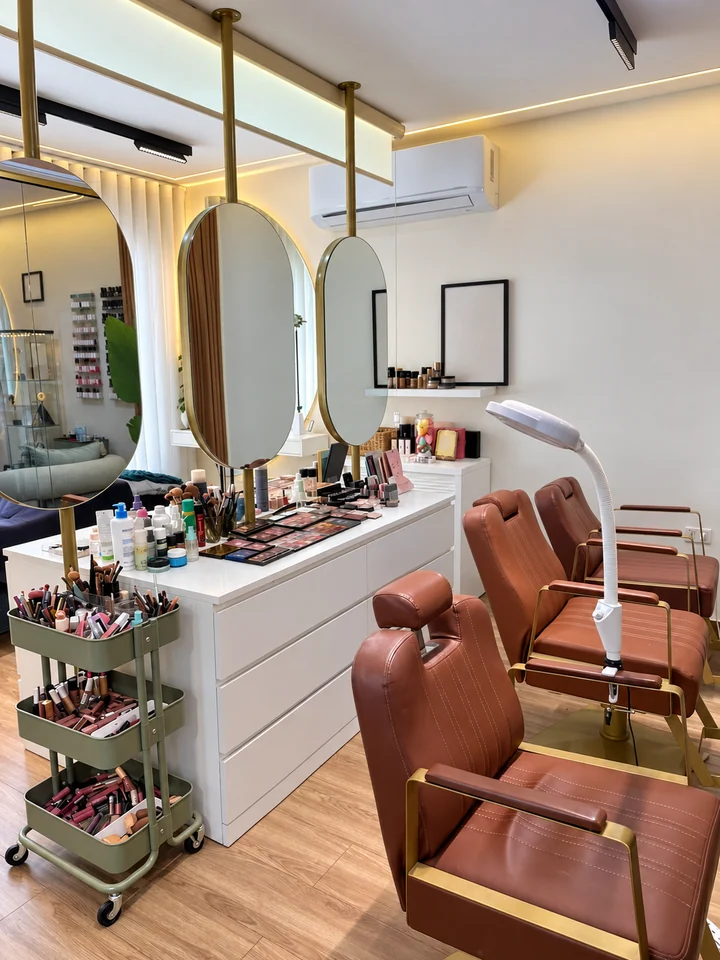 Brown salon chairs and gold-framed oval mirrors at Dina Beauty Center